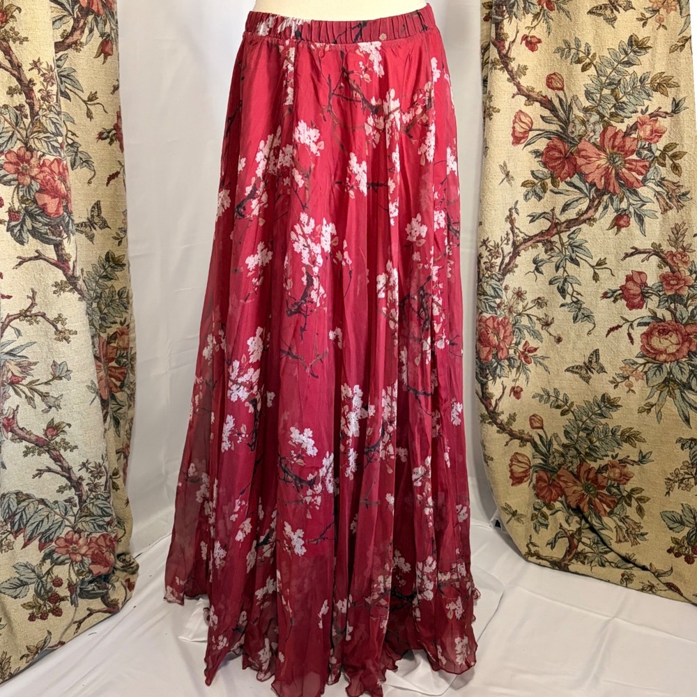 Stunning Burgundy Red Cherry Blossom Floral designed flowy Maxi Skirt Chiffon